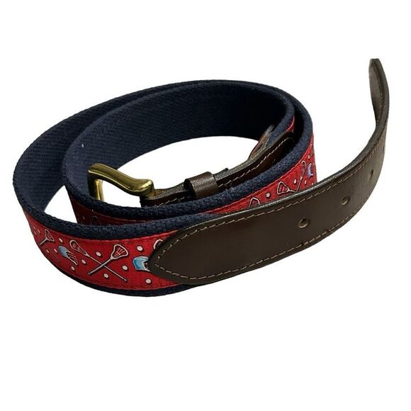 Vineyard Vines Men’s Lacrosse Print Leather Canvas Belt Size 38” - Picture 2 of 3